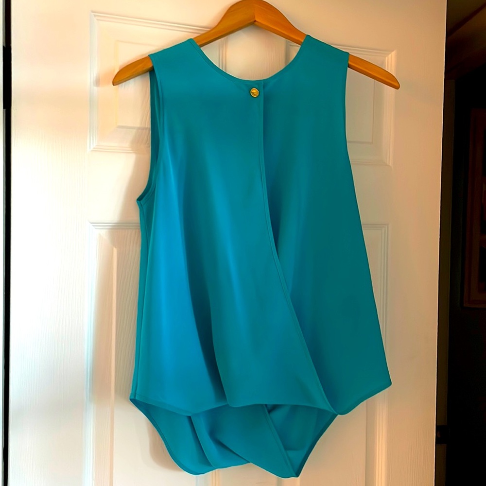 Versace turquoise drape front slit and back slit silk blouse